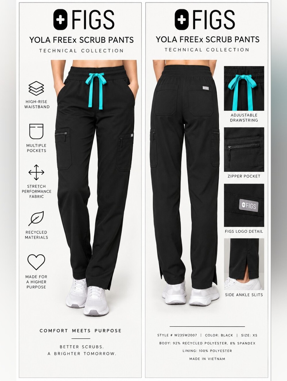 FIGS YOLA FREEx Scrub Pants Black XS Cargo Technical Collection